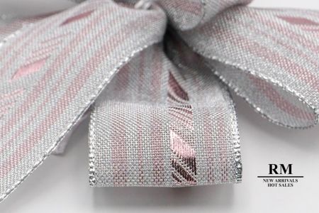 Wstążka z 5 pętlami i 2 krótkimi ogonkami w kolorze metalicznym srebrnym z różowym ukośnym paskiem - BW637-K1414S-4